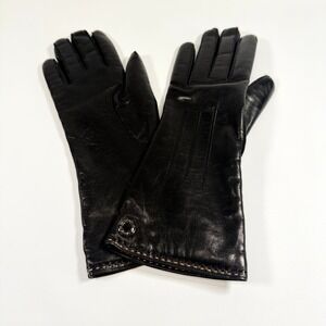 COACH Black Leather Gloves Womens Knit Lined Button Accent With Original Box